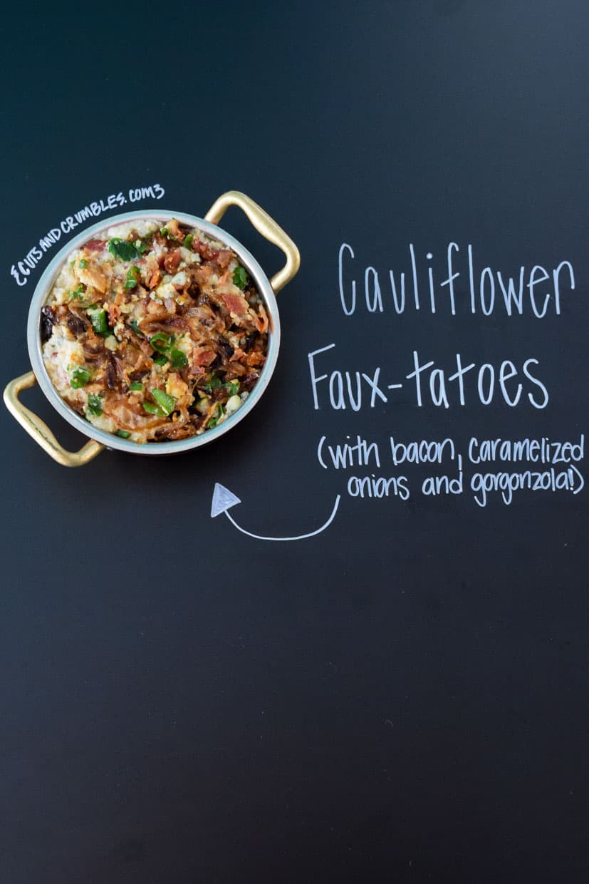 Cauliflower Faux-tatoes in small pot with title written on chalkboard