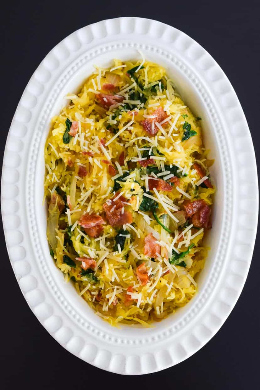 Spaghetti Squash Florentine in white bowl overhead shot
