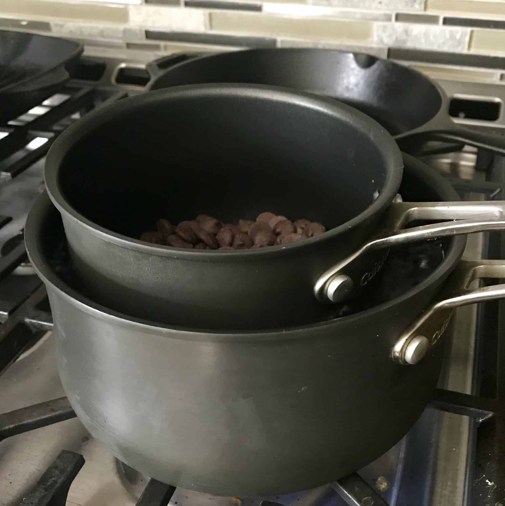 Double Boiler made with two pots to cook chocolate chips