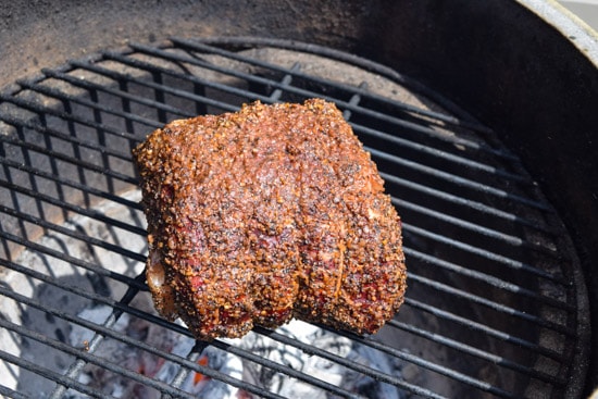 smoked prime rib on weber grill close up view
