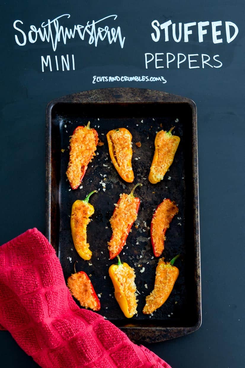 Southwestern Mini Peppers on baking sheet with title written on chalkboard