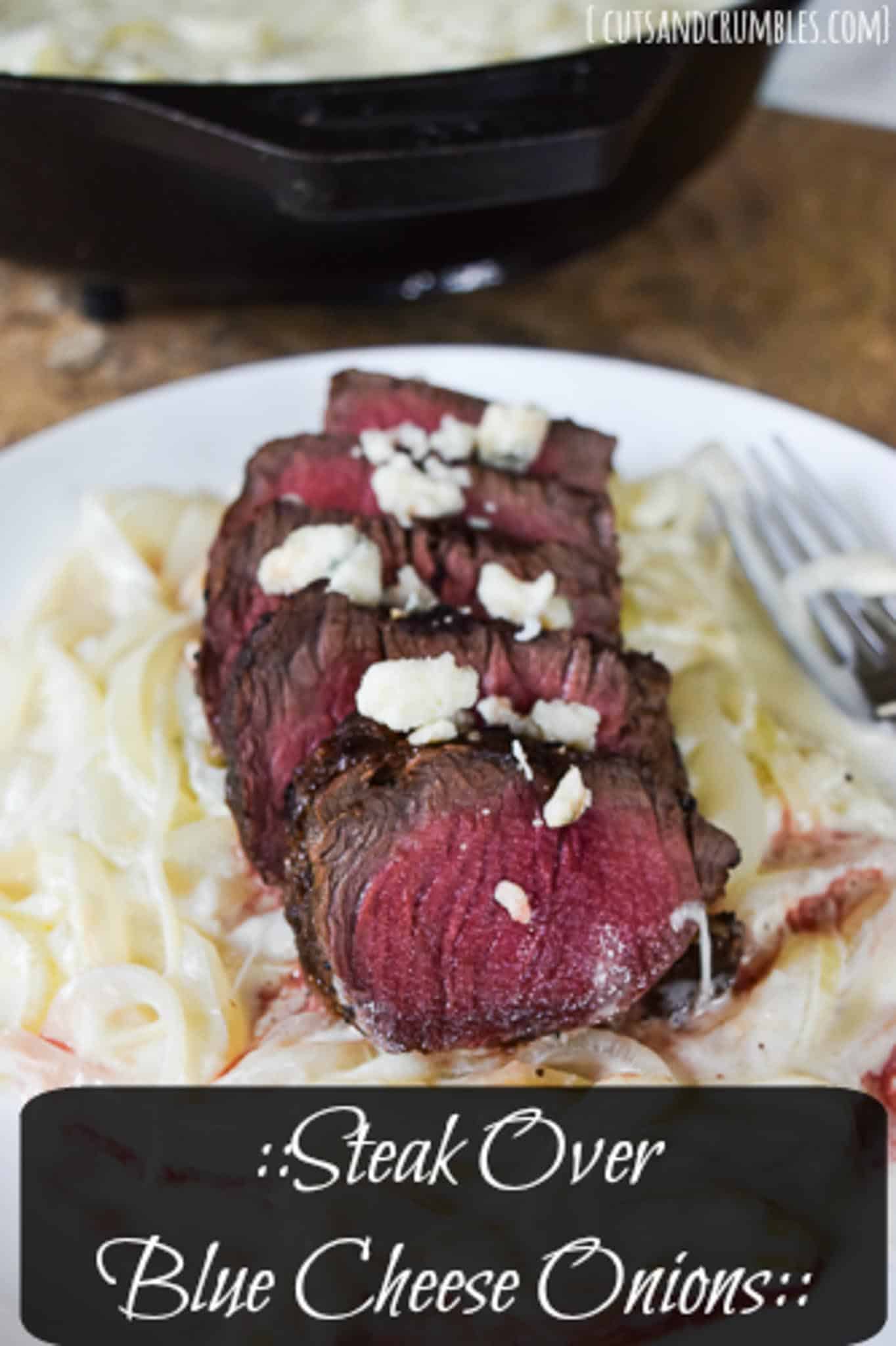 steak over blue cheese onions