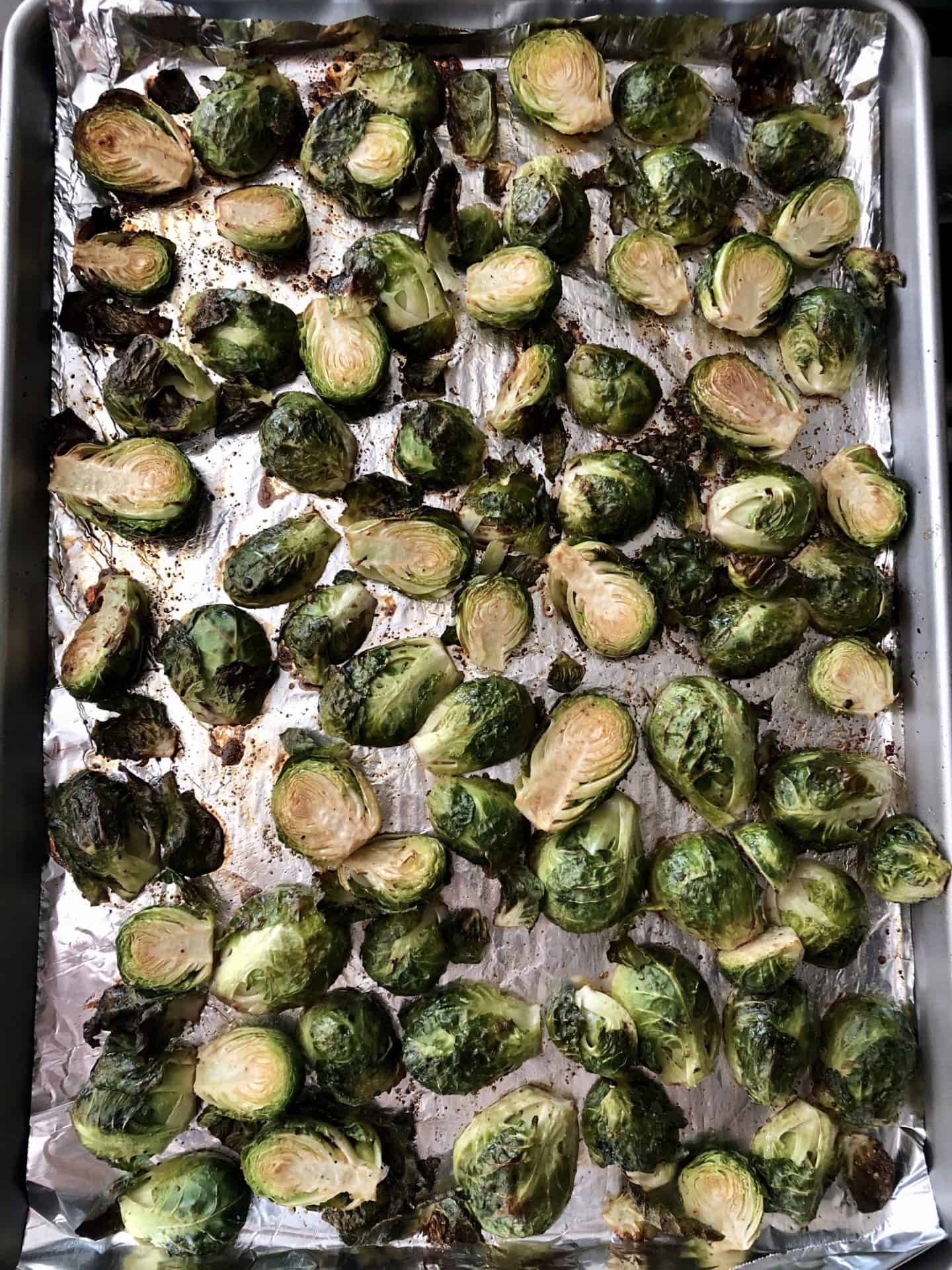 Brussels Sprouts on baking sheet roasted