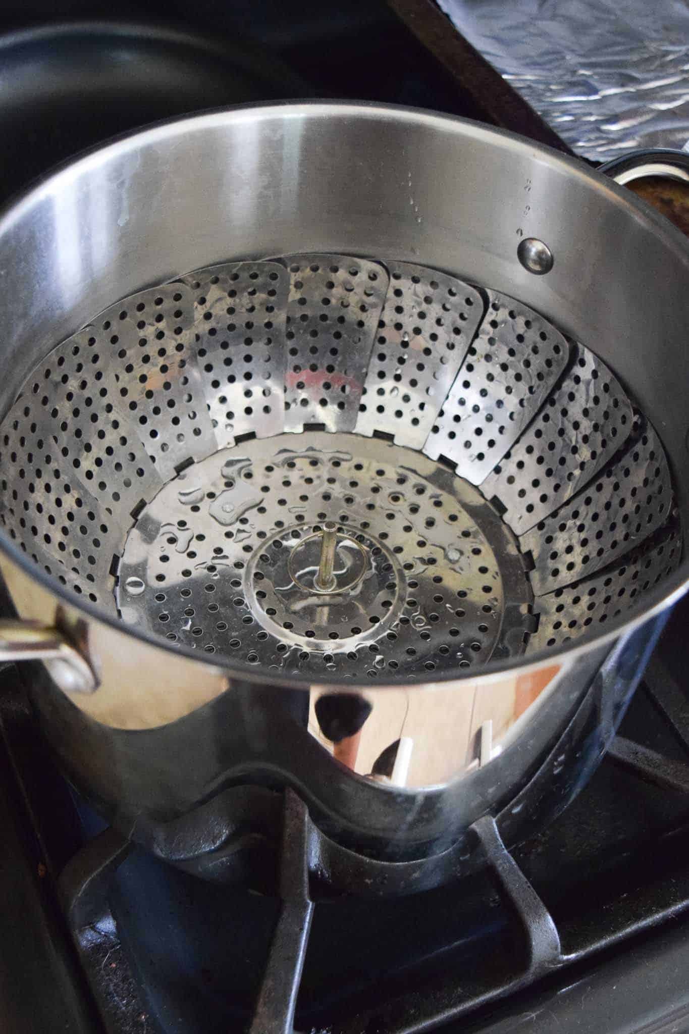 Steamer basket inside of pot on stove 