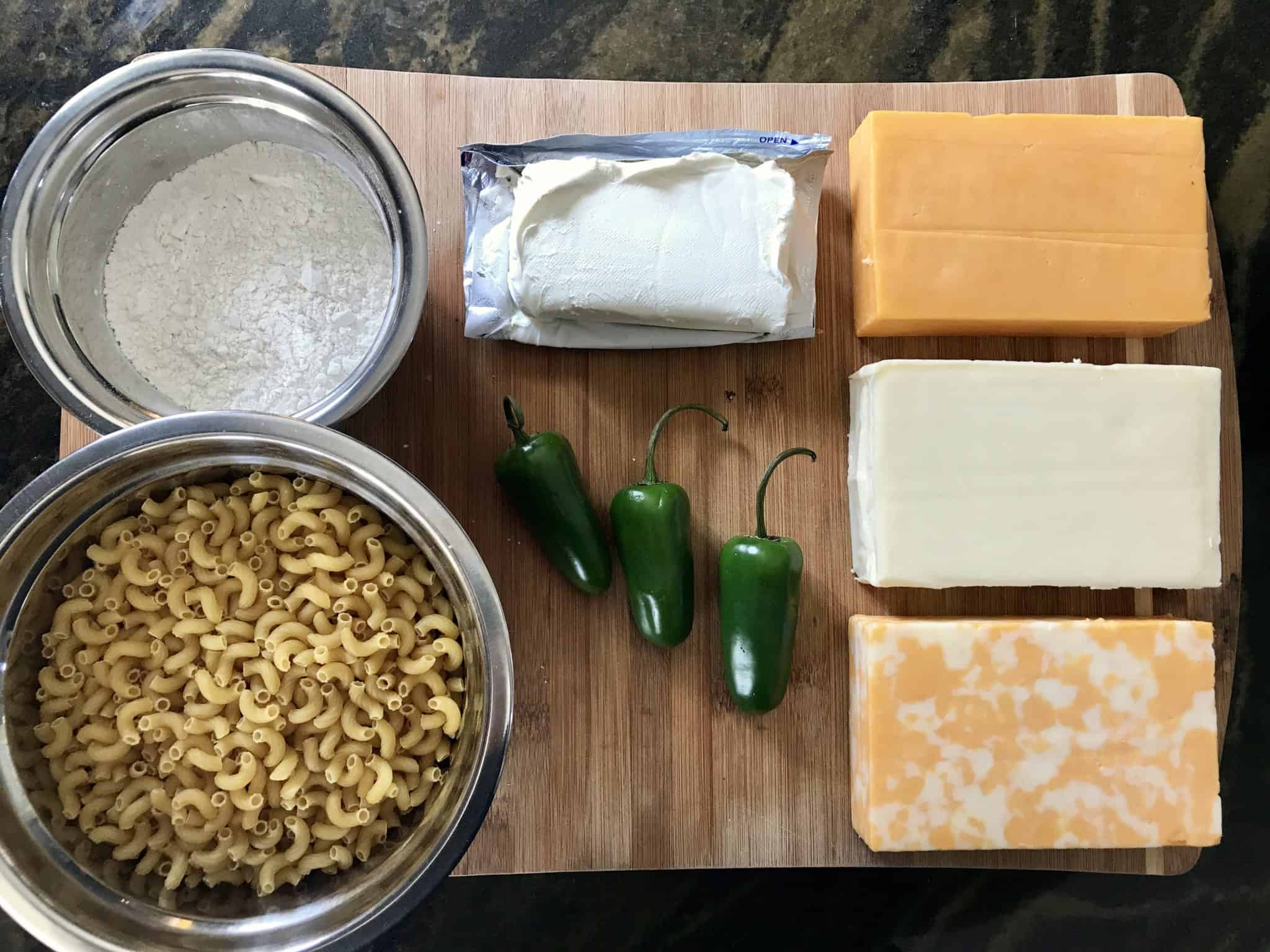 smoked Mac n Cheese Ingredients on cutting board overhead shot