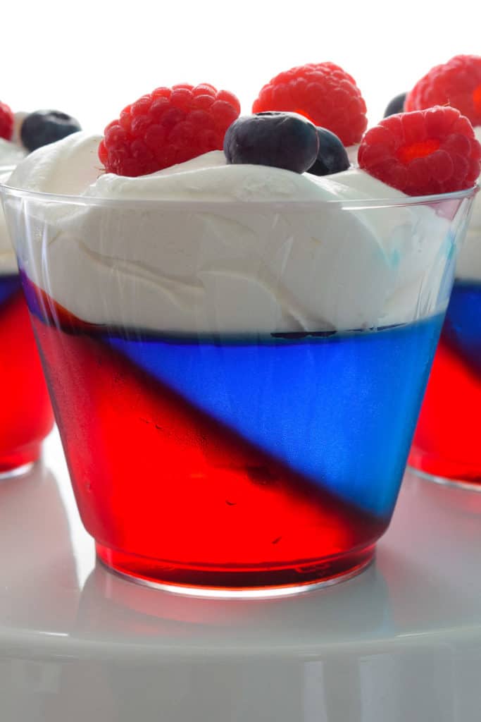 close up of Red white and Blue Jell-O Cup