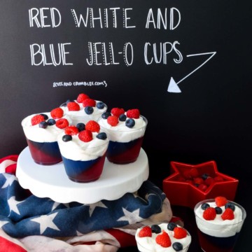 Red white and Blue Jell-O Cups with title written on chalkboard