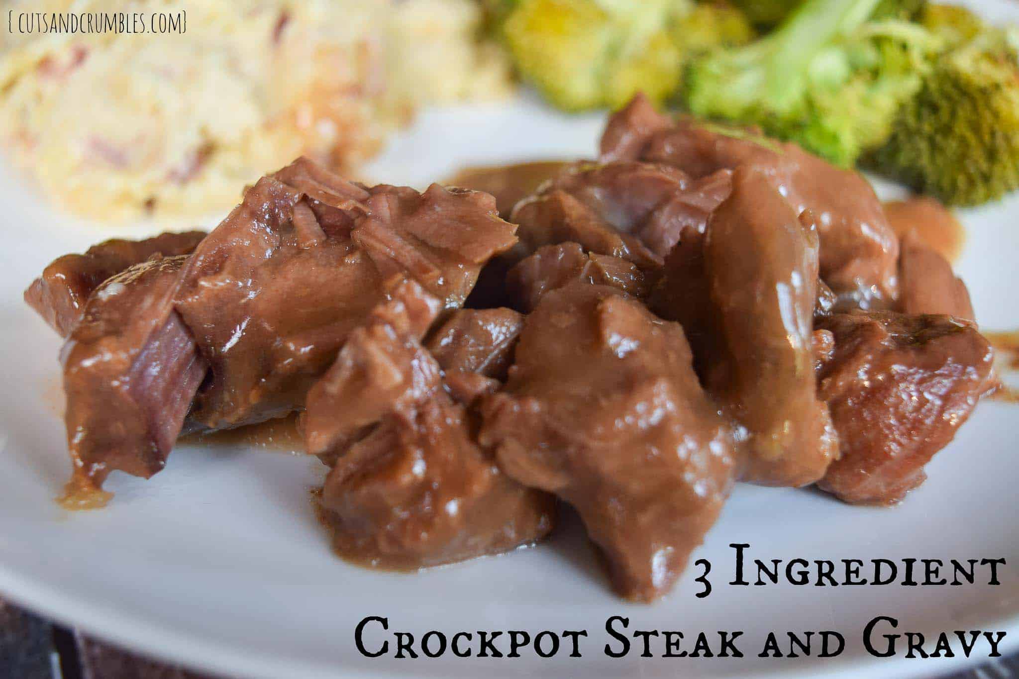 3 Ingredient Crock Pot Steak close up view with title 