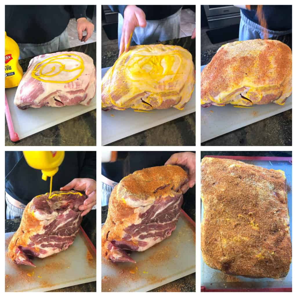Collage of images coating pork butt in mustard and rub