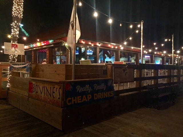 Beach bar with string lights at night