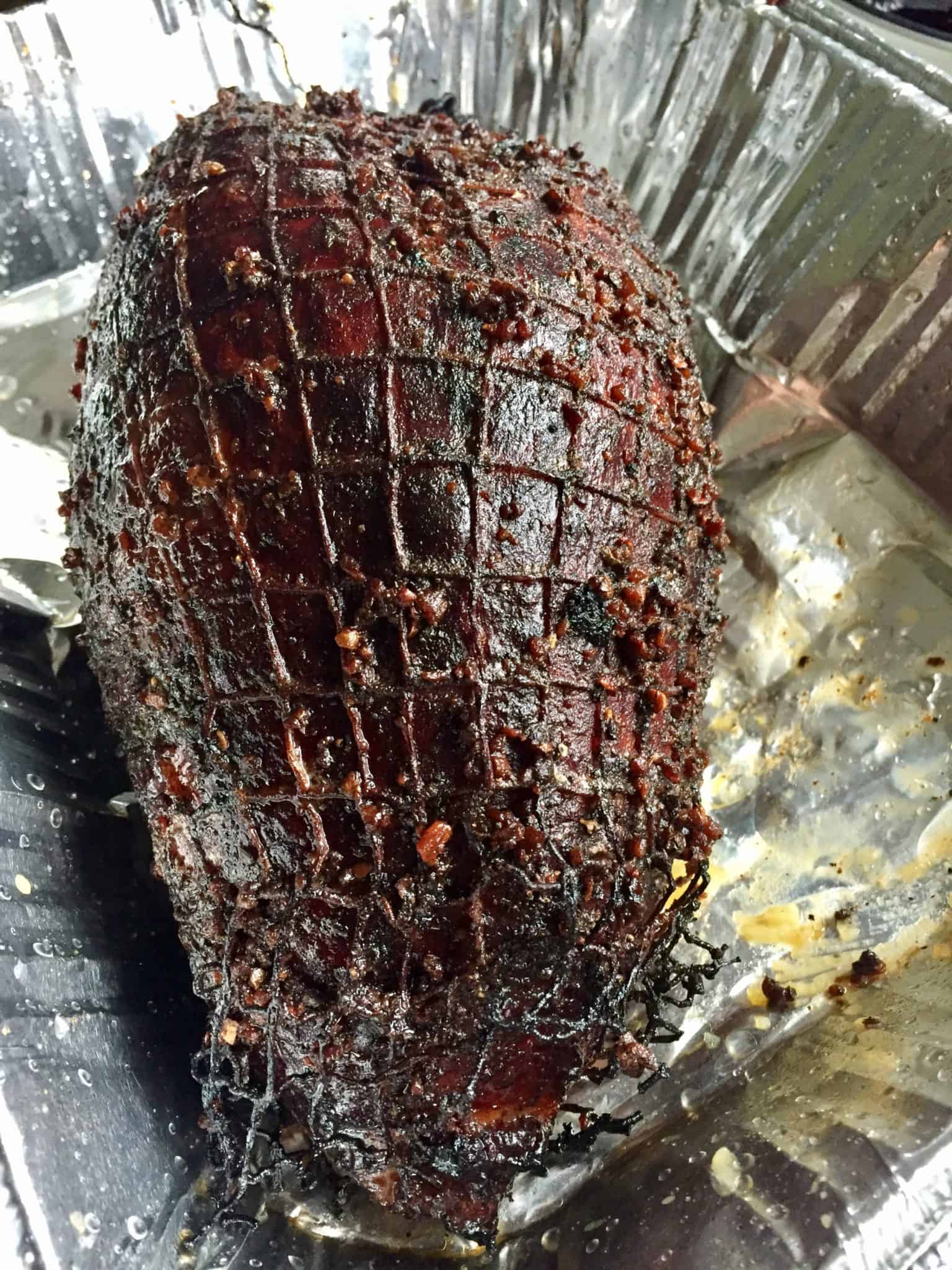 easy double smoked turkey whole in foil pan close up view
