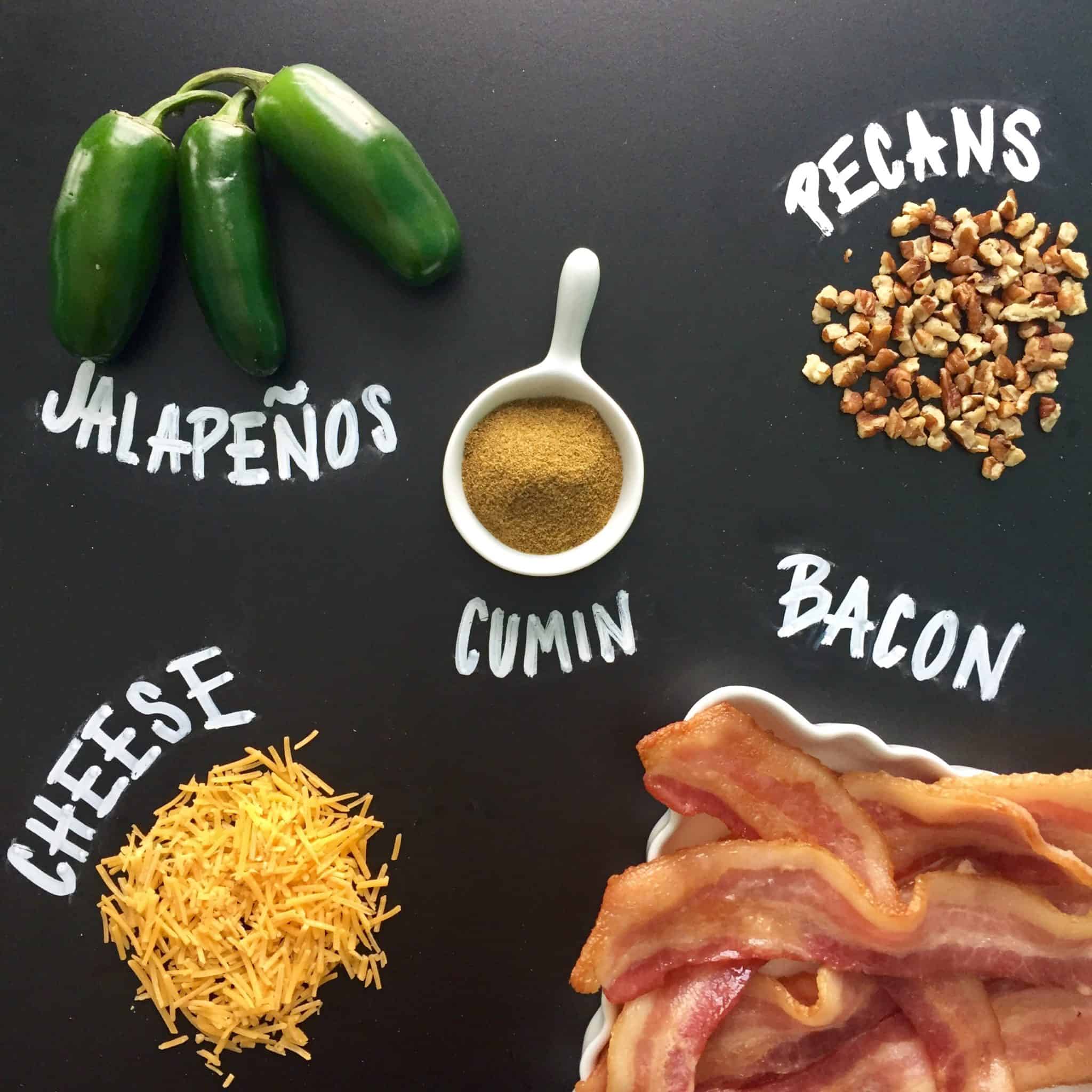 jalapeno bacon cheese ball ingredients with names written on chalkboard