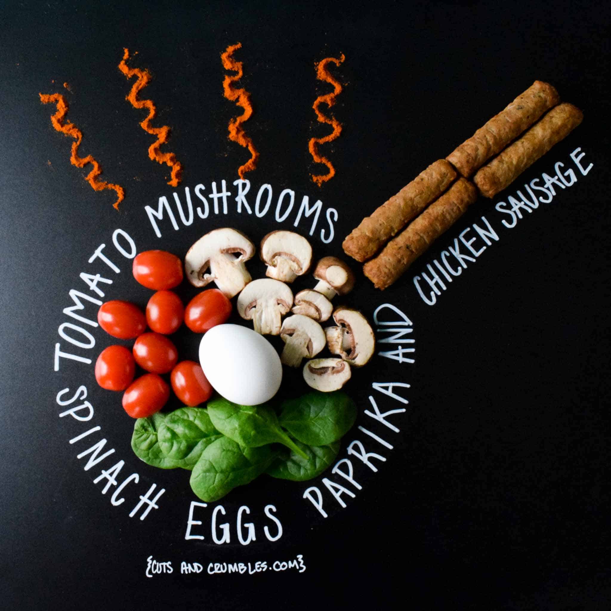 Poached Eggs Over Chicken Sausage and Veggies ingredients on chalkboard designed like a frying pan