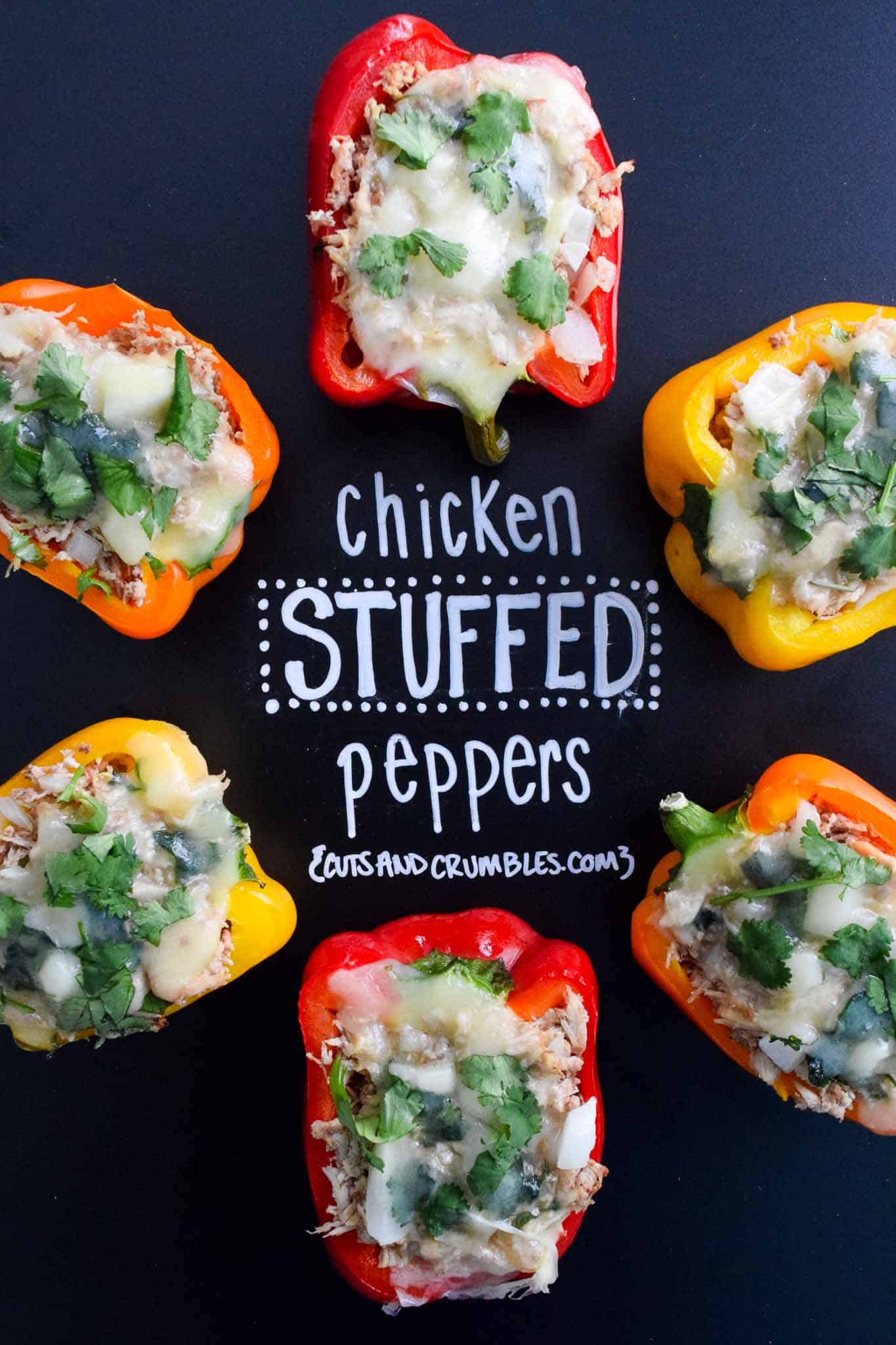 chicken stuffed peppers with title written on chalkboard