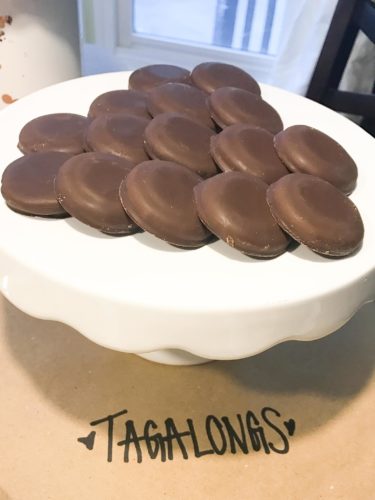 Girl Scout cookie tagalongs on white platter