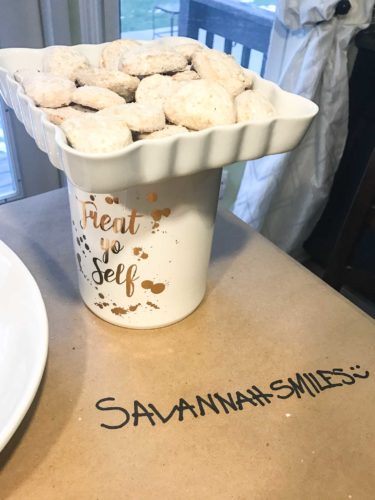 Girl Scout cookie savannah smiles on white platter on top of treat you self cookie jar