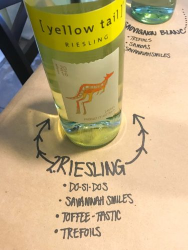 bottle of riesling on brown paper with cookie pairings written underneath