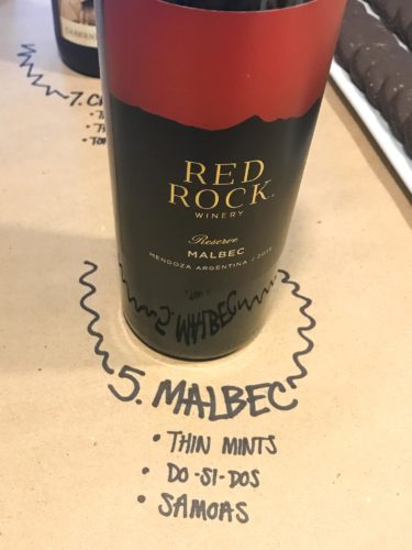 bottle of Malbec on brown paper with cookie pairings written underneath