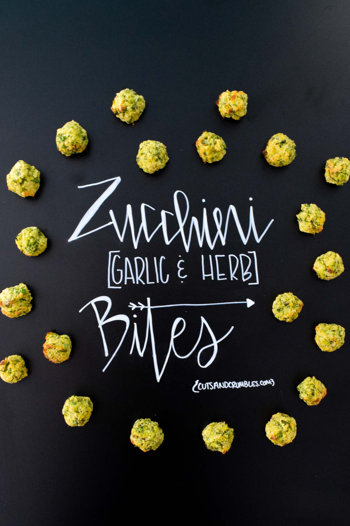 Zucchini Garlic and Herb Bites with title written on chalkboard