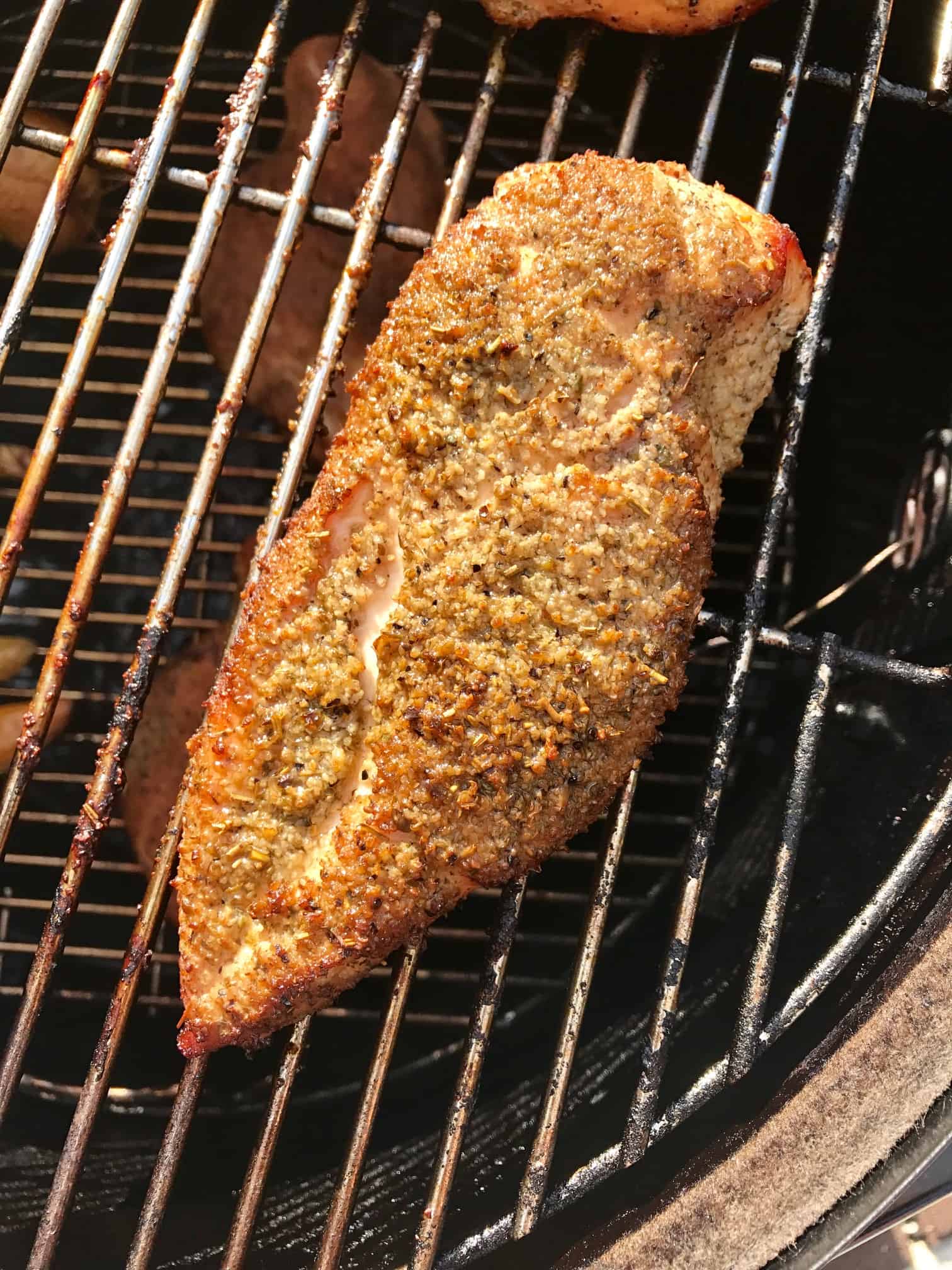 Close up view of seasoned chicken breast on weber grill grates 