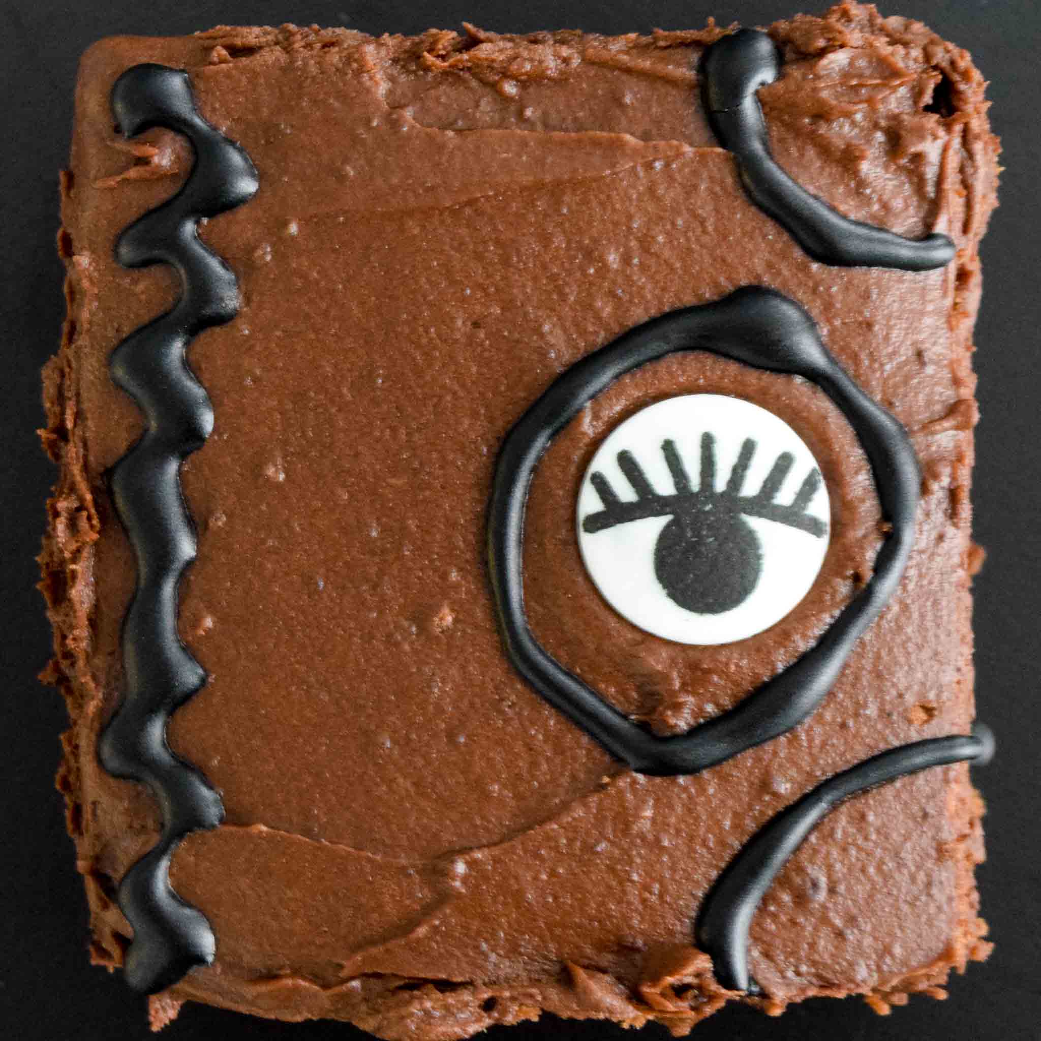 Brownie decorated like Hocus Pocus Spell book up close view