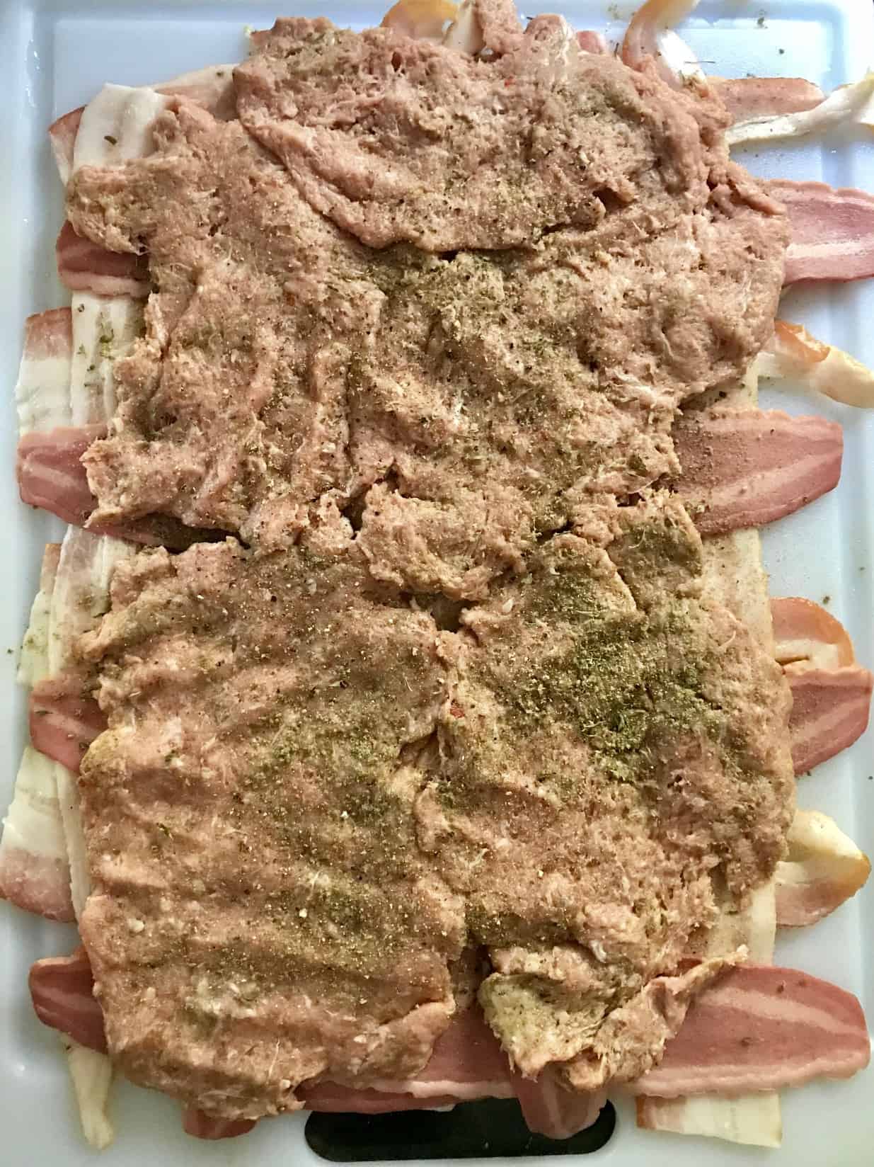 Bacon weave covered with ground sausage overhead shot