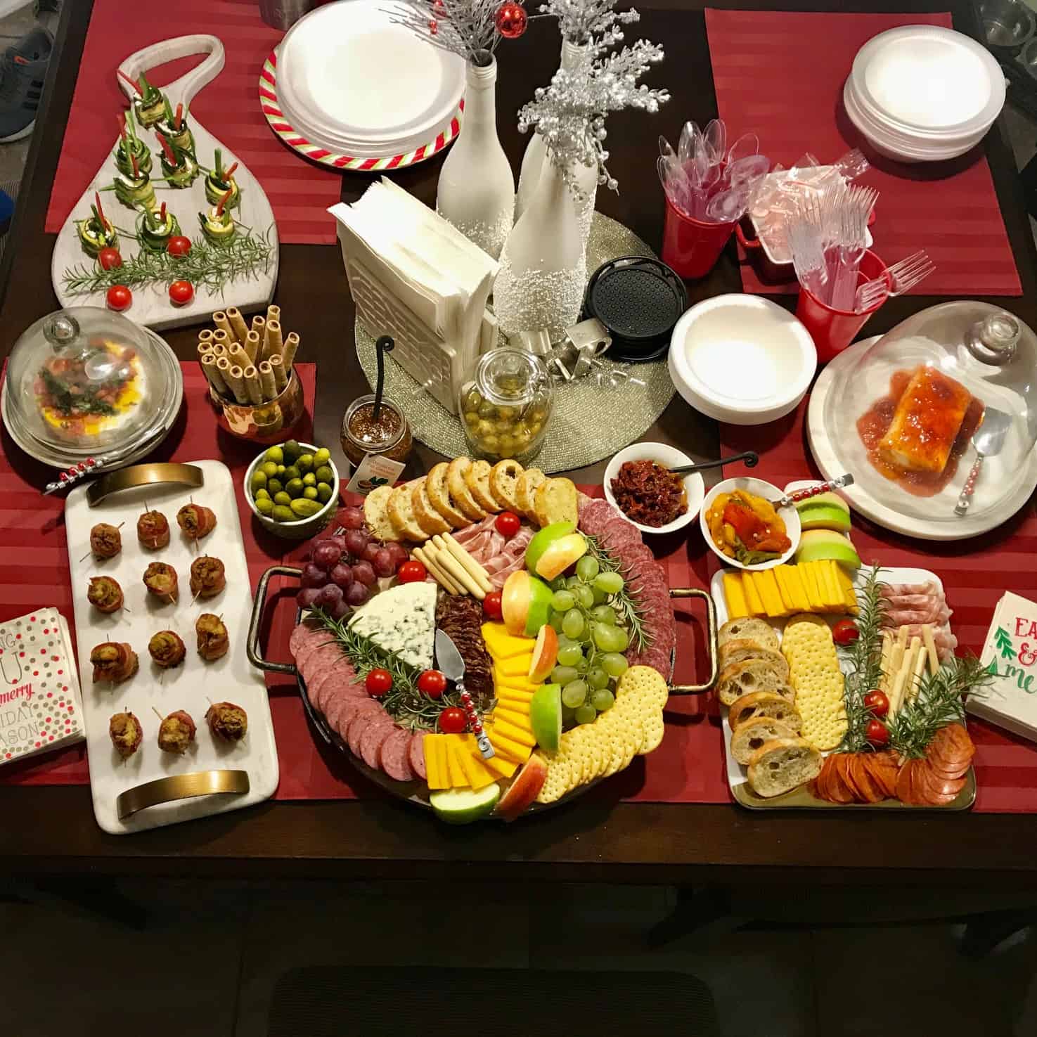 Holiday Cheese Board and appetizer spread overhead shot