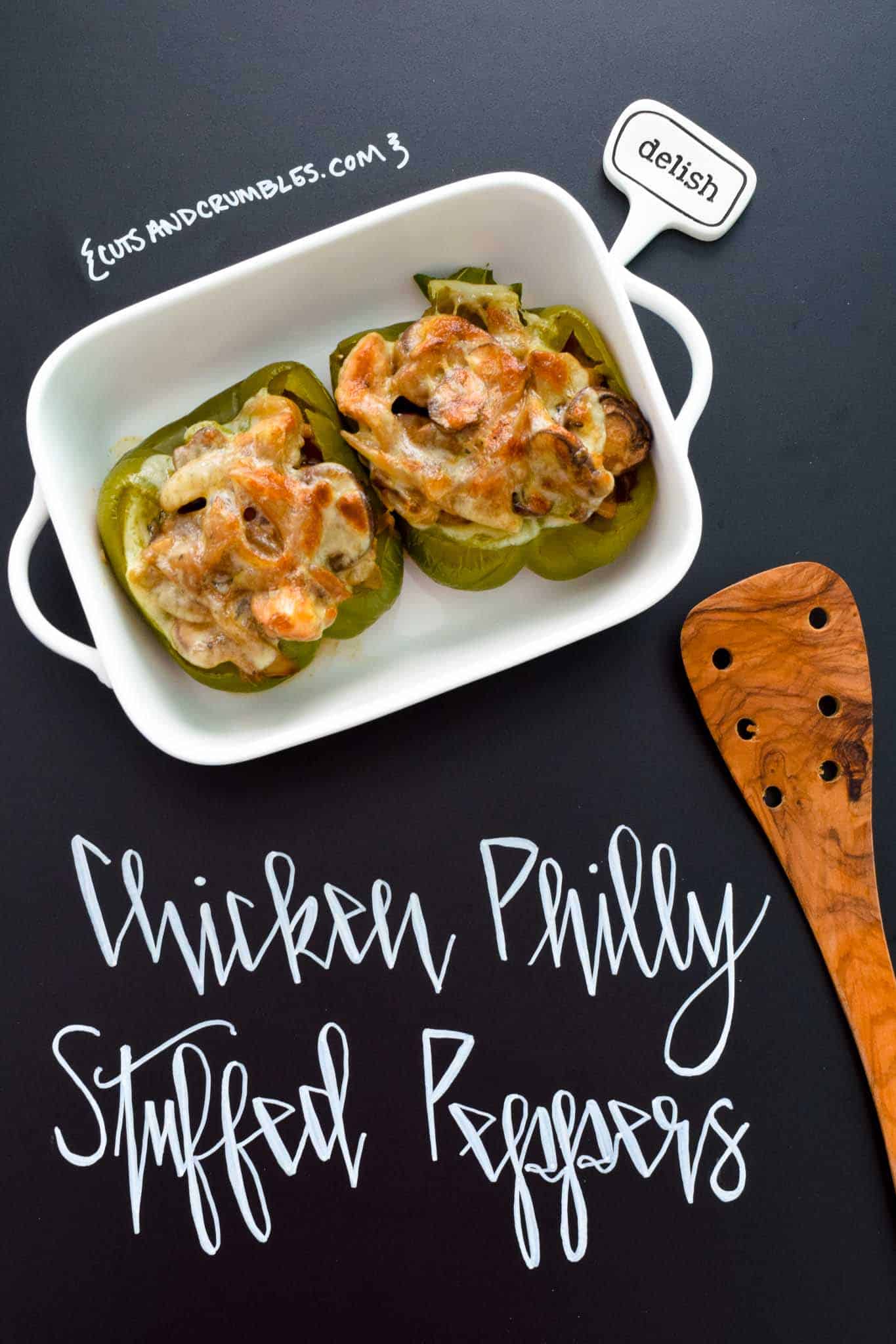 Chicken Philly Stuffed Peppers with title written on chalkboard