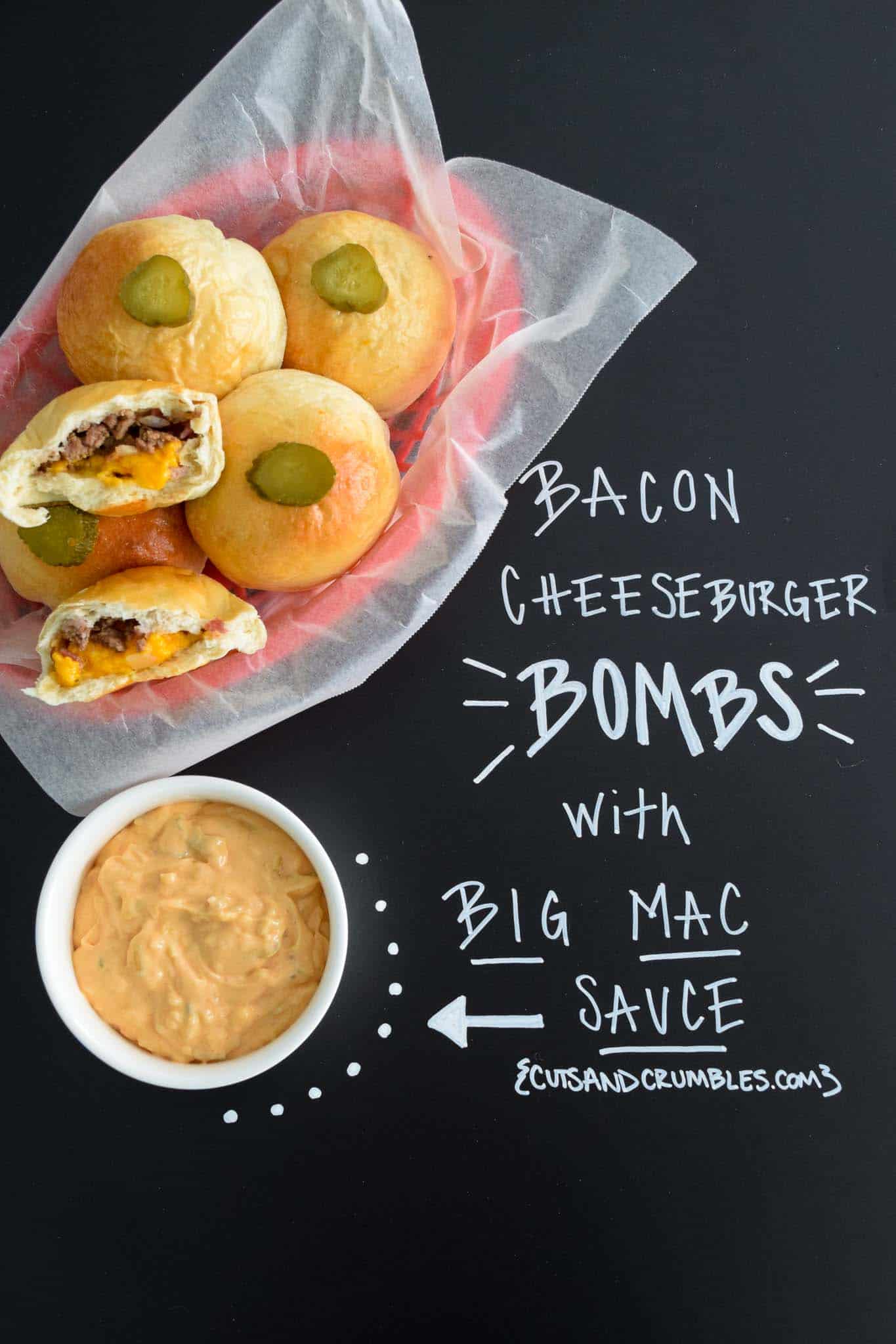 Bacon Cheeseburger Bombs with Big Mac Sauce with title written on chalkboard