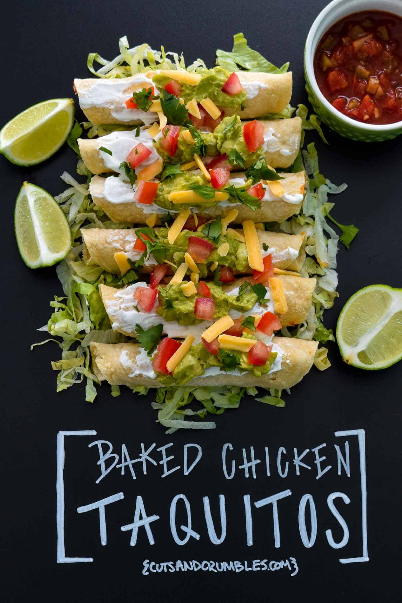 Baked Chicken Taquitos with title written on chalkboard