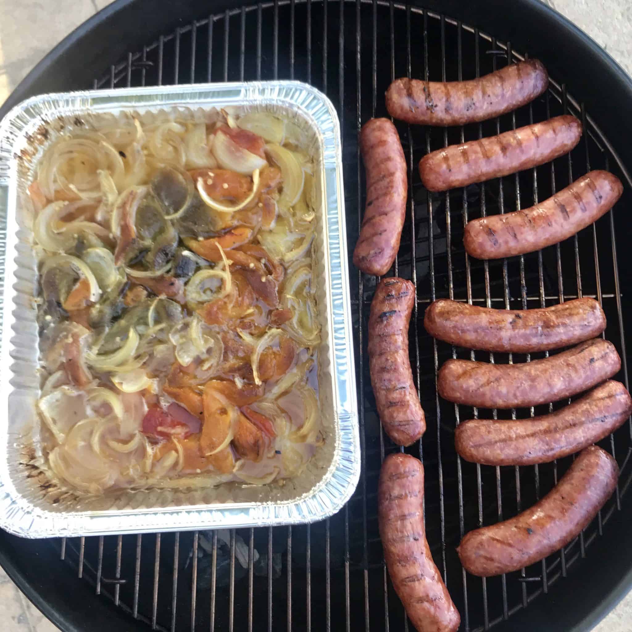 Sausage and Peppers on weber grill overhead shot