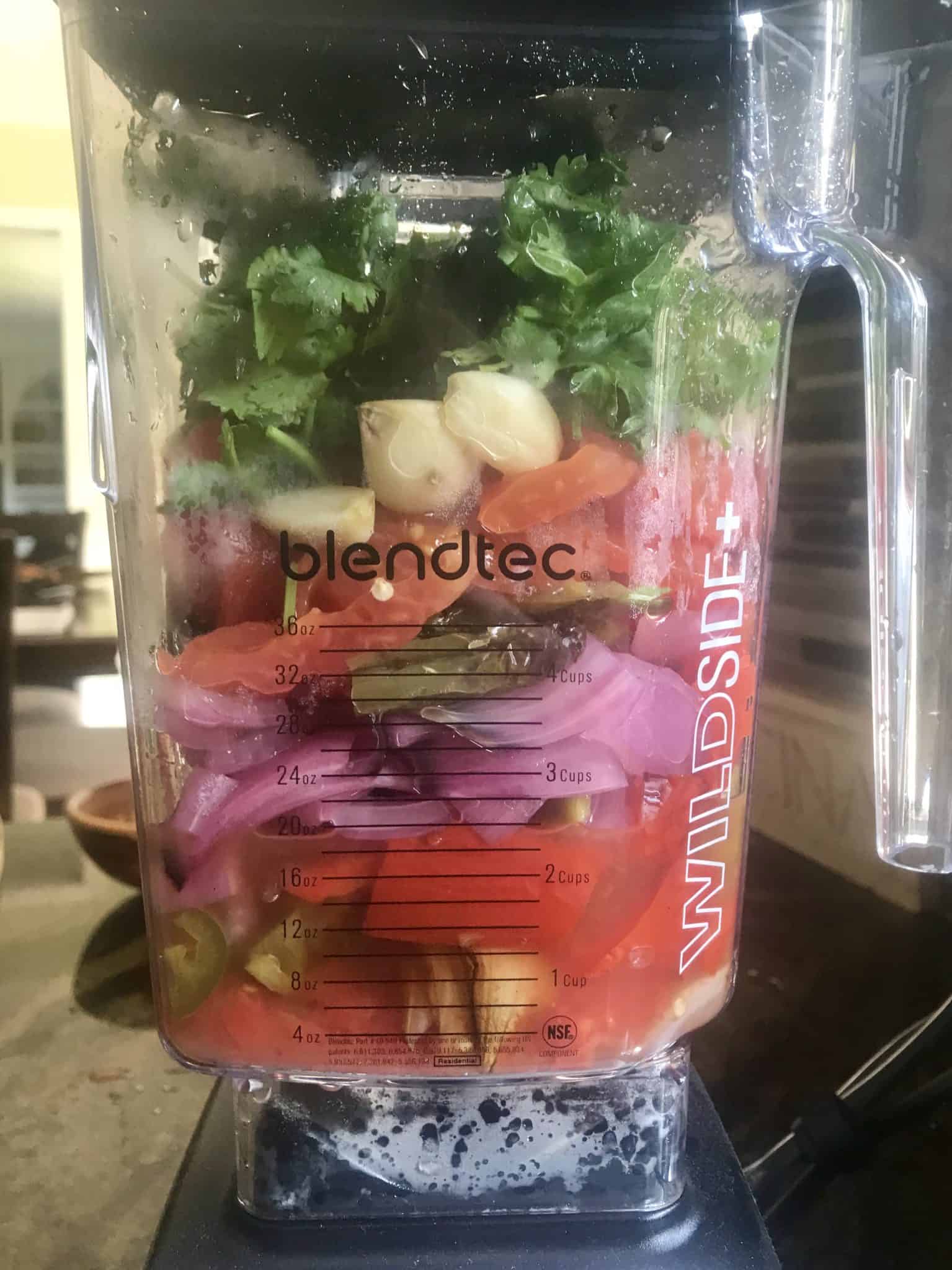 Fresh smoked vegetables and cilantro in blendtec blender side view