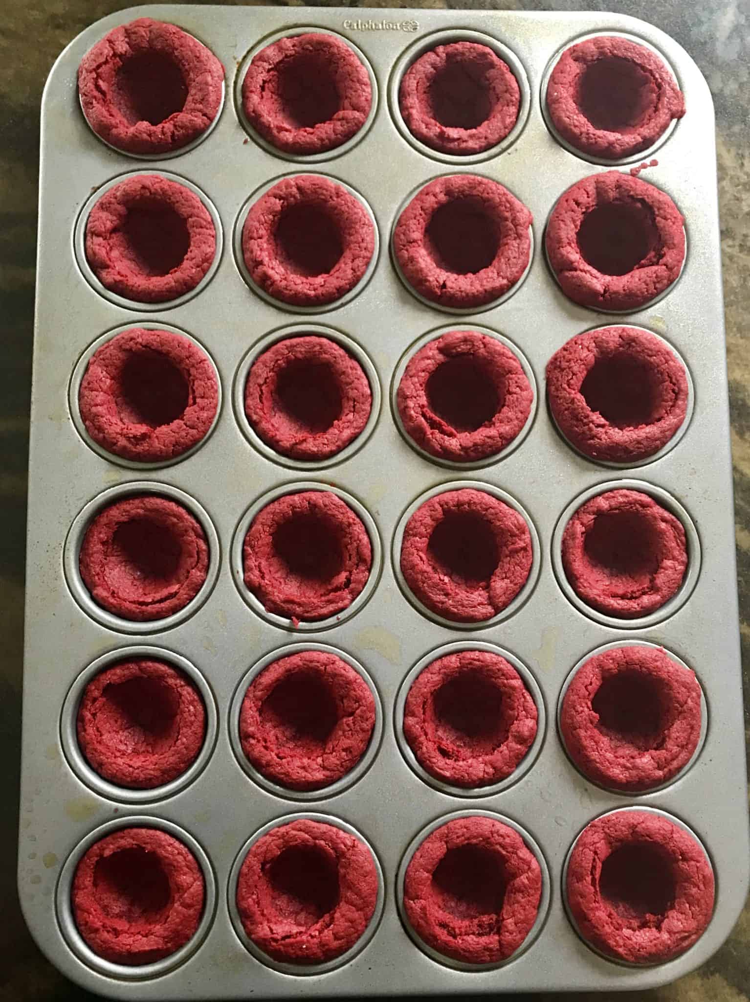 red velvet cake mix balls baked in mini muffin pan overhead shot