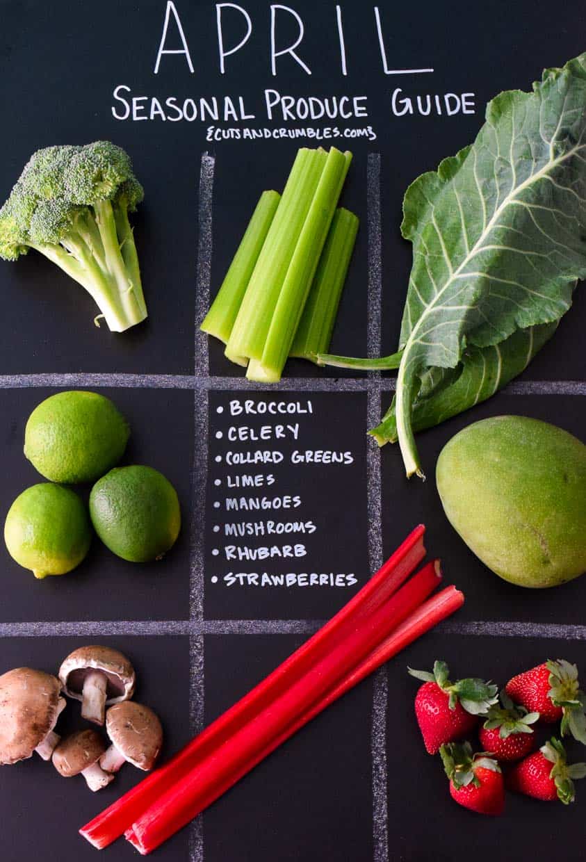 April Seasonal Produce Guide with produce in each quadrant on chalkboard