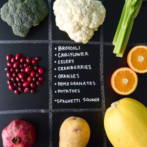 December Seasonal Produce Guide with produce in quadrants on chalkboard