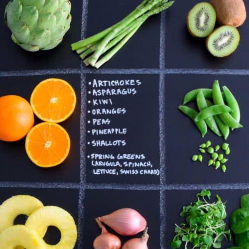 March Seasonal Produce Guide with produce in quadrants on chalkboard