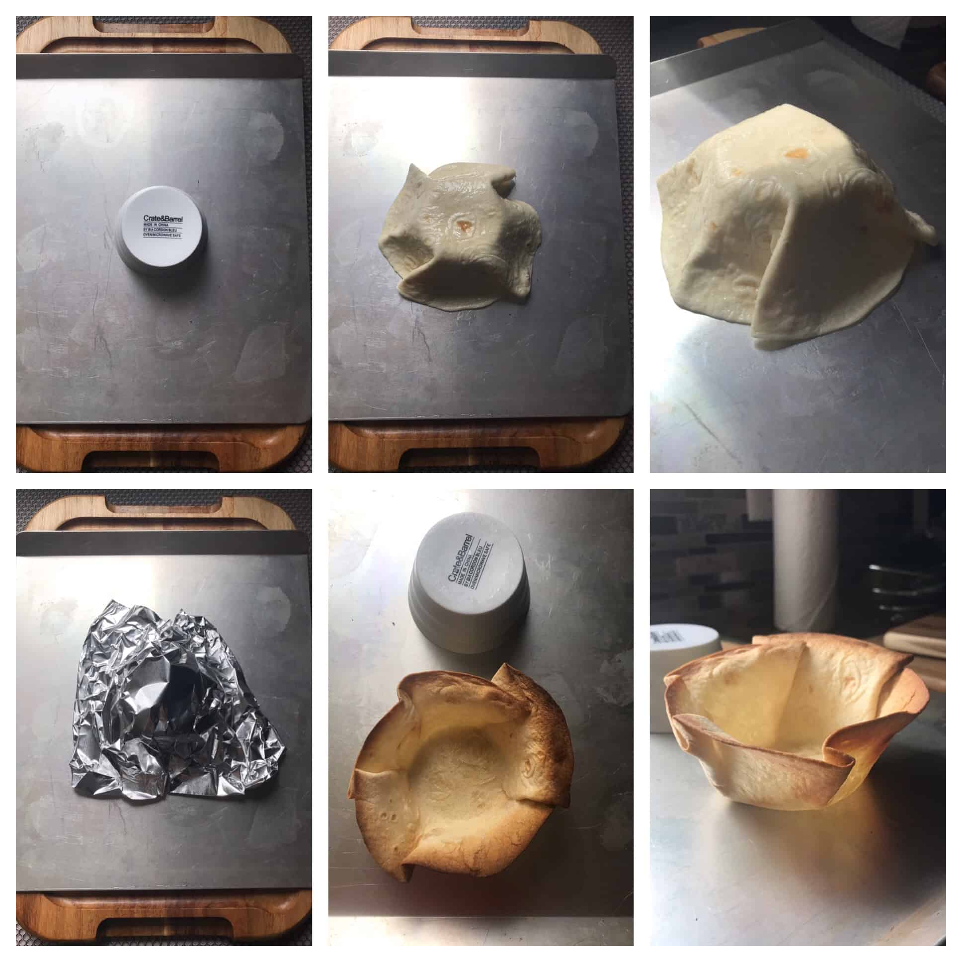 6 step by step photos of making baked tortilla bowls