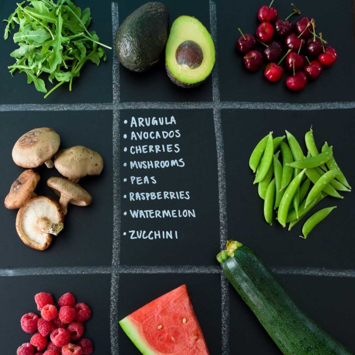 June Seasonal Produce Guide with produce in quadrants on chalkboard