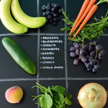 May Seasonal Produce Guide with produce in quadrants on chalkboard