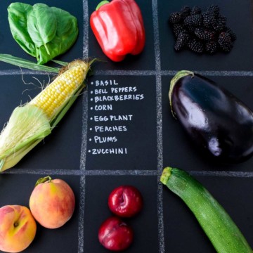 July Seasonal Produce Guide with produce in quadrants on chalkboard