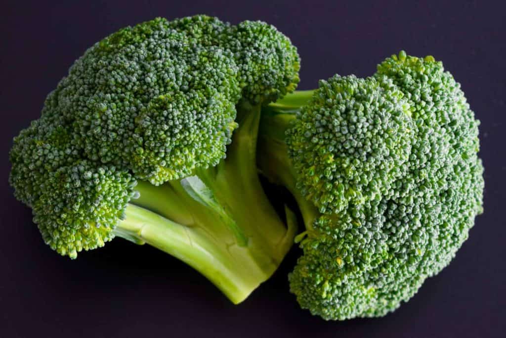 two heads of broccoli on black background