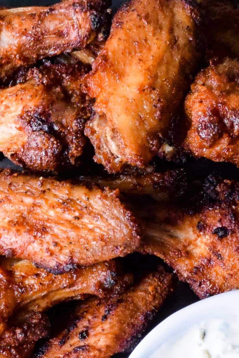 Close up view of air fried dry rubbed BBQ wings 