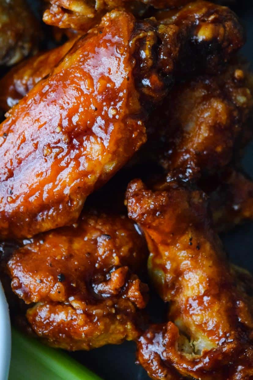 Close up view of air fried sauced BBQ wings 