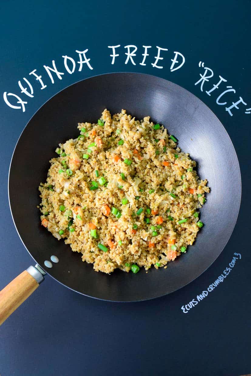 Quinoa Fried Rice in Wok with Chalkboard Title