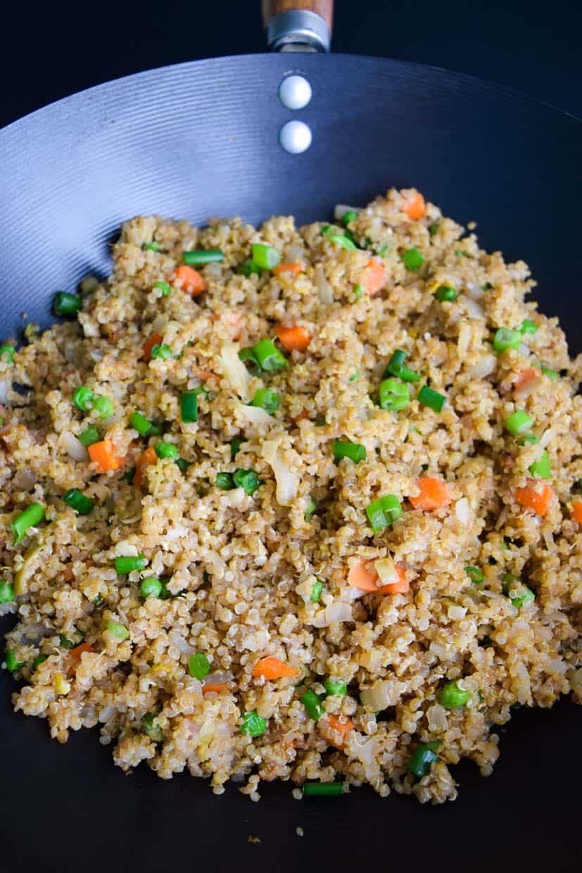 Quinoa Fried Rice in Wok Pan close up