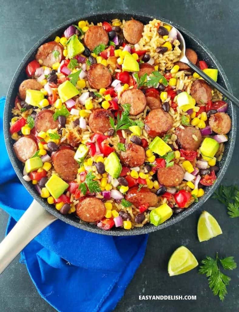 Beans and rice in skillet