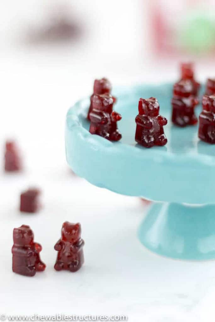 homemade gummy bears on blue platter