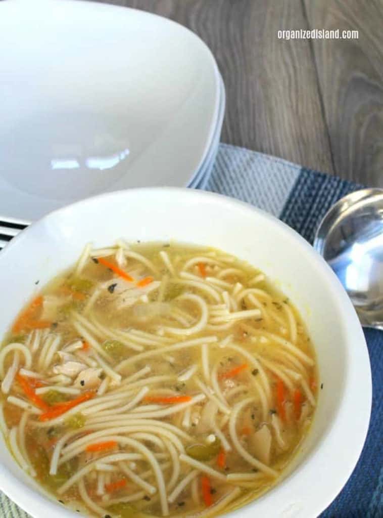 bowl of chicken soup with spaghetti noodles