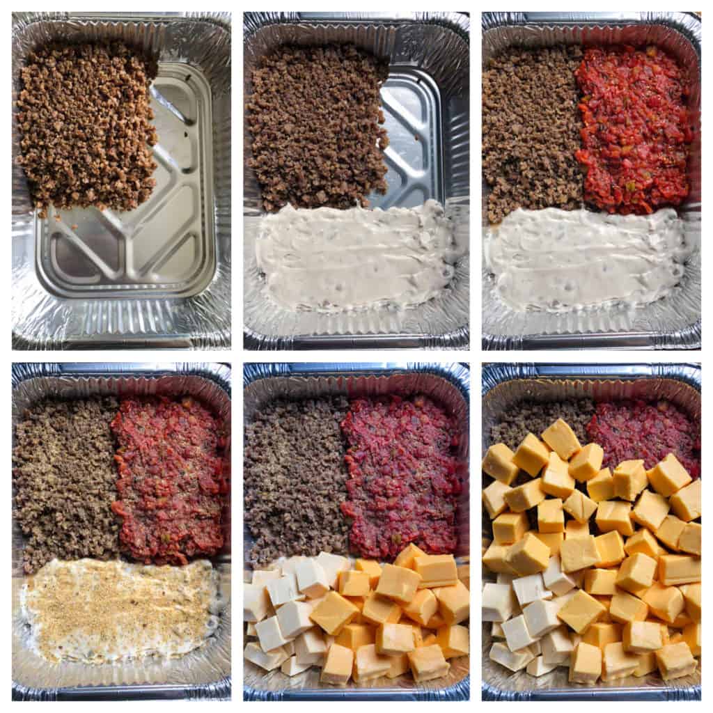Collage of smoked queso dip ingredients being organized into a 9x13 pan 