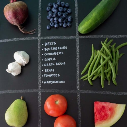 August Seasonal Produce Guide with produce in quadrants on chalkboard